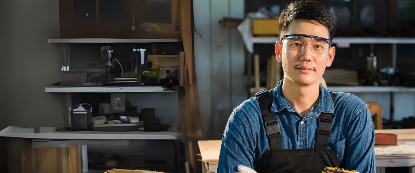A man wearing work goggles and holding an electric drill