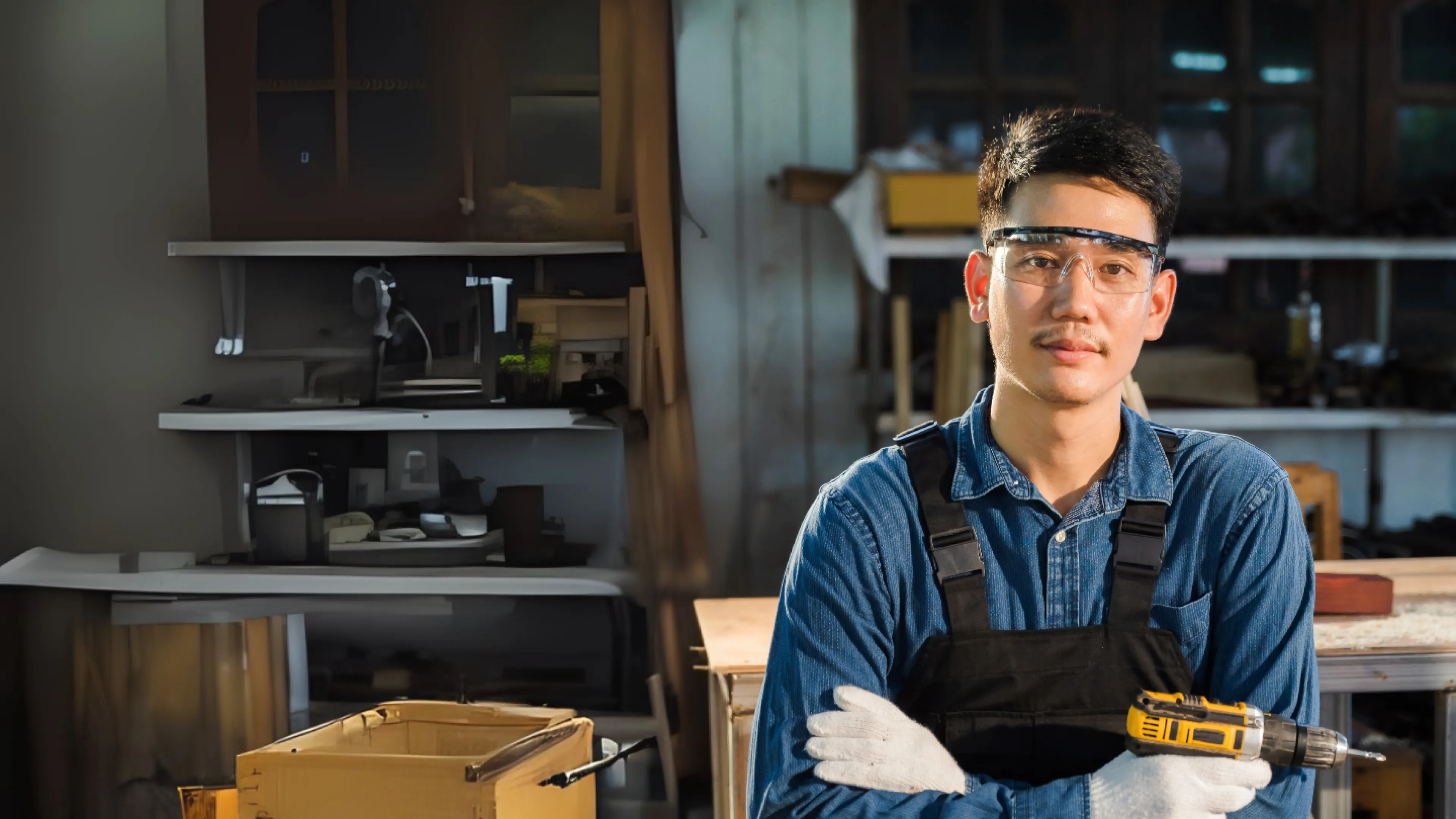 A man wearing work goggles and holding an electric drill