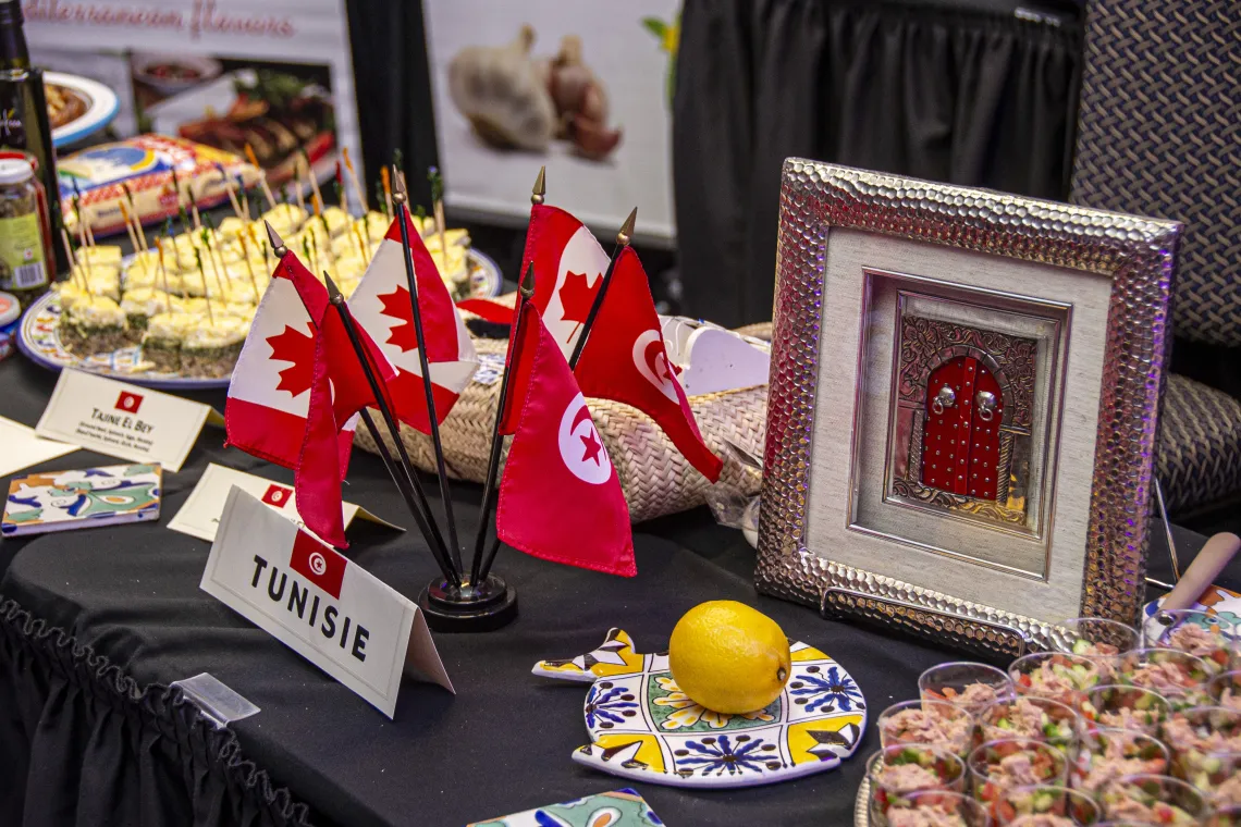 Close up of a table with Tunisian food and cultural items