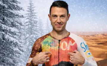 Morgan Bello wearing YMCA-themed biking attire. His photo is edited onto a background that is split between a Canadian Winter and a Moroccan desert.